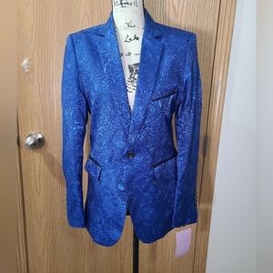 NWT Royal Blue Jacquard Brocade Suit Coat Novelty Tuxedo Jacket